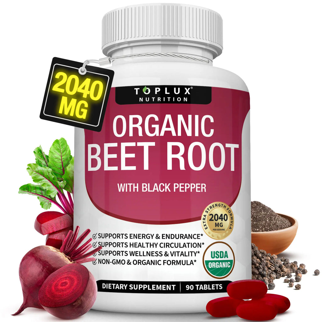 Toplux Organic Beet Root Tablets - Nitric Oxide Booster Beetroot Supplement 2040Mg