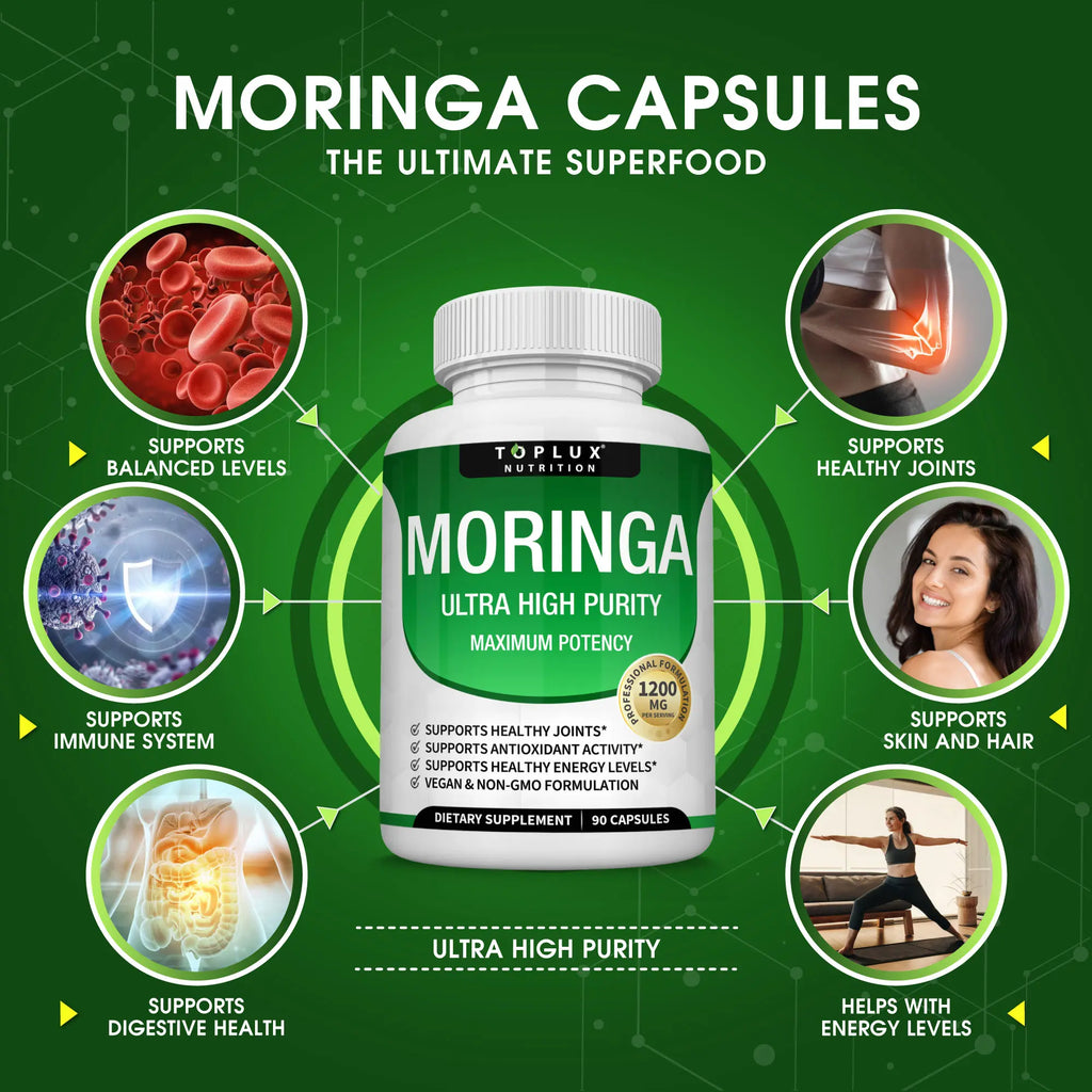 Toplux Moringa Capsules 1200Mg - Pure Moringa Powder for Immune, Gut Health 90 Capsules