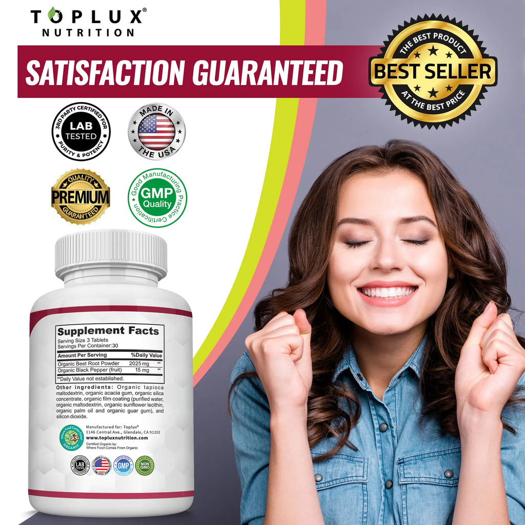 Toplux Organic Beet Root Tablets - Nitric Oxide Booster Beetroot Supplement 2040Mg