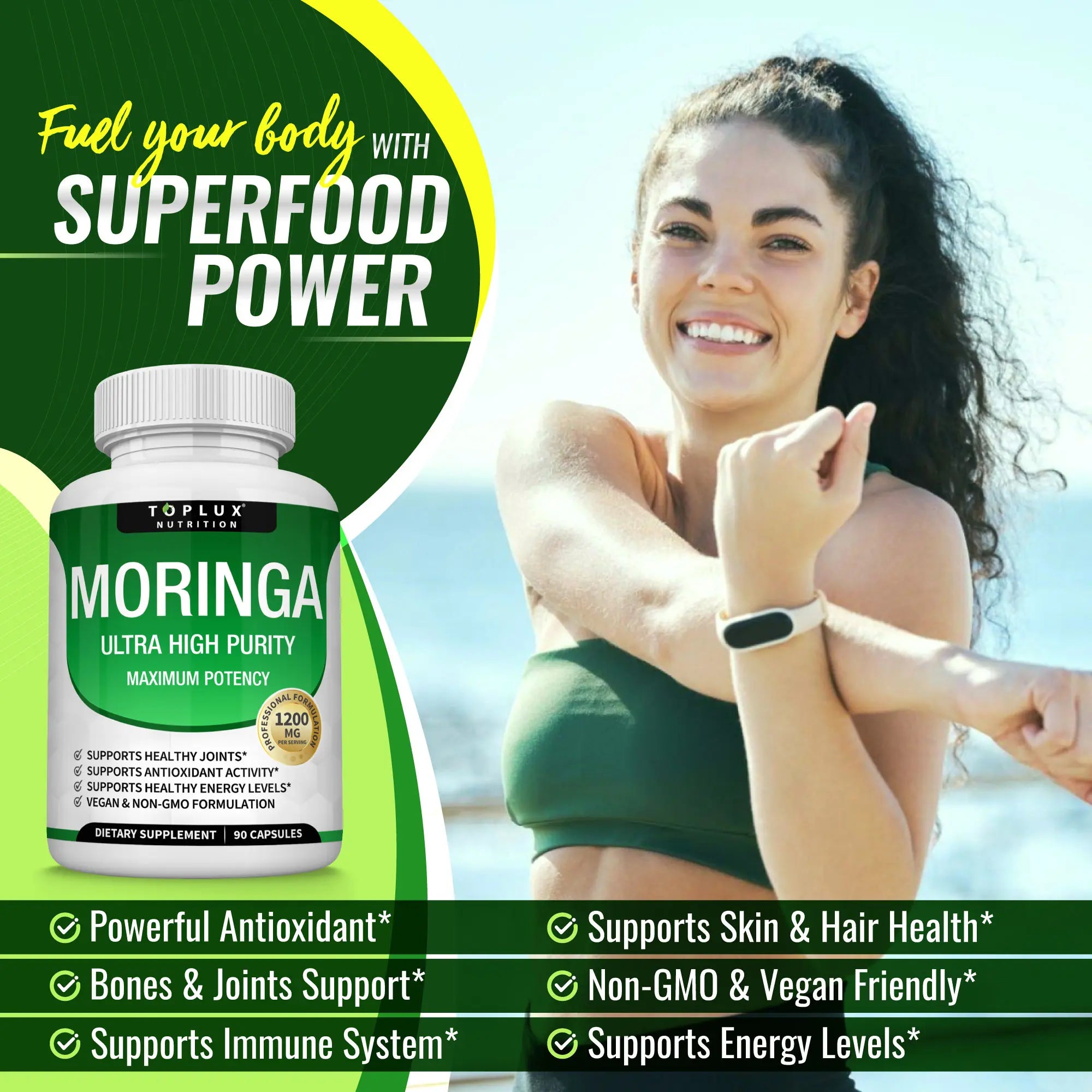 Toplux Moringa Capsules 1200Mg - Pure Moringa Powder for Immune, Gut Health 90 Capsules