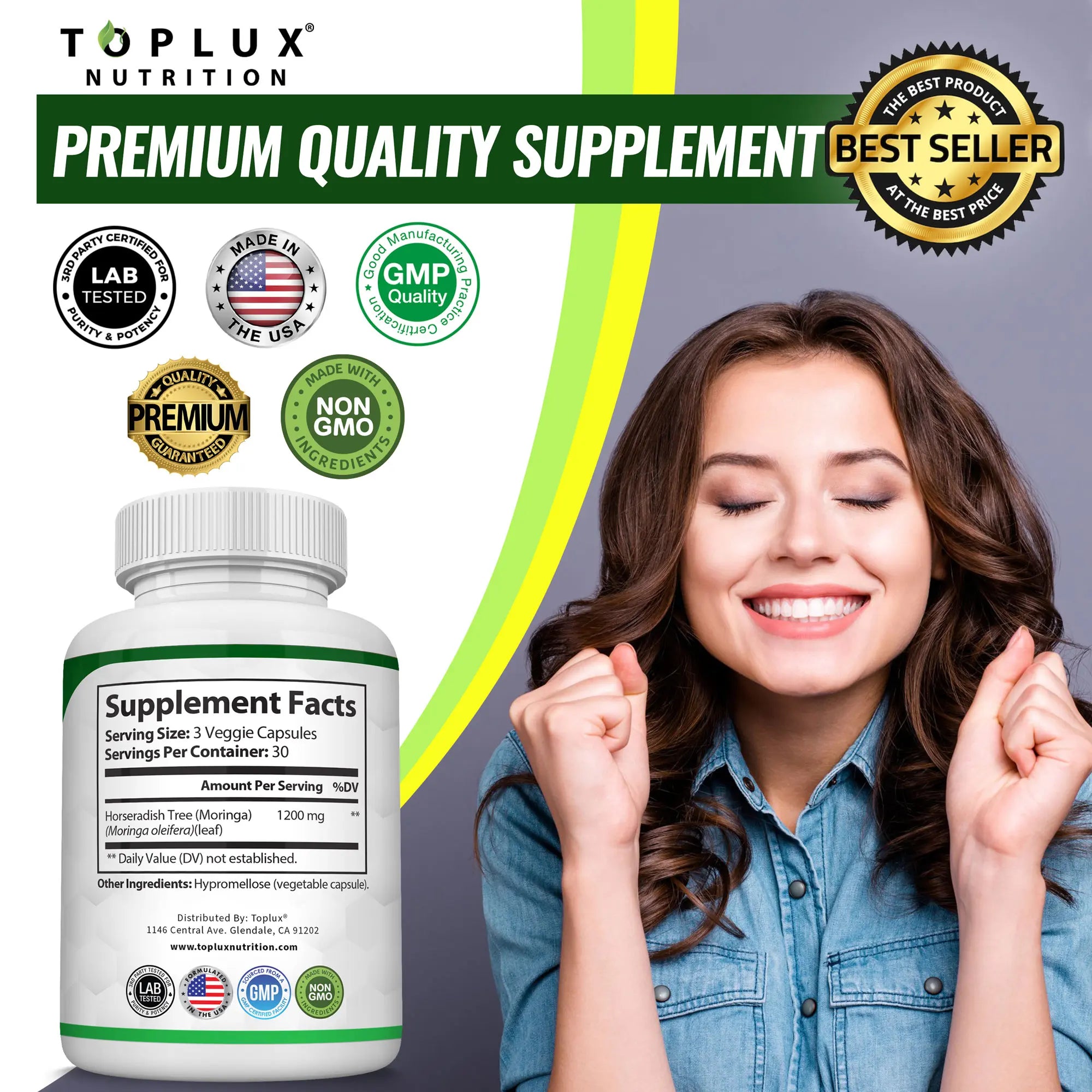 Toplux Moringa Capsules 1200Mg - Pure Moringa Powder for Immune, Gut Health 90 Capsules