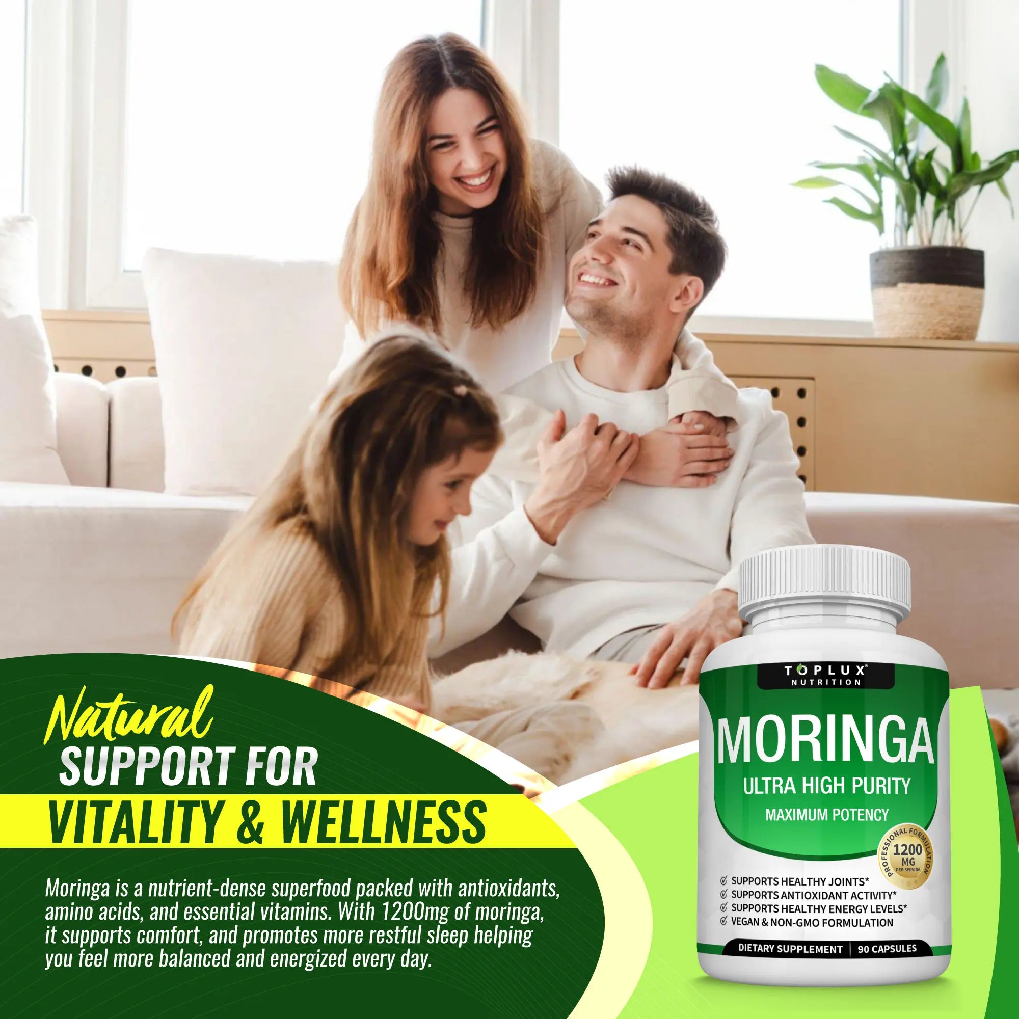 Toplux Moringa Capsules 1200Mg - Pure Moringa Powder for Immune, Gut Health 90 Capsules